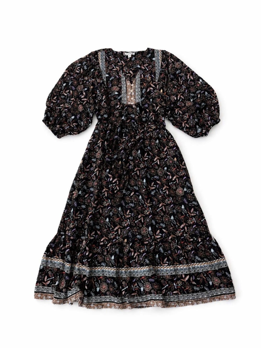 NWOT BeachLunchLounge Boho Floral Midi Dress Puff Sleeve Cottagecore Peasant L
